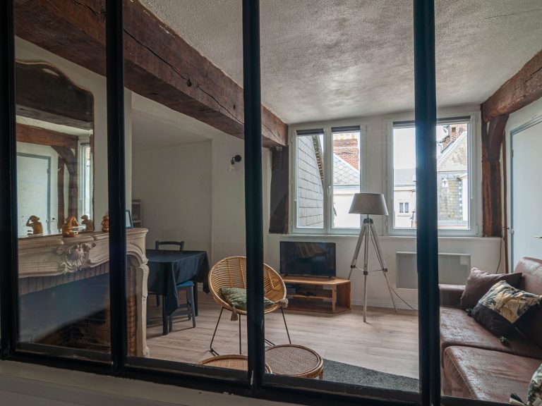 Salon lumineux avec cheminée, fauteuil, télévision et fenêtres avec vue.