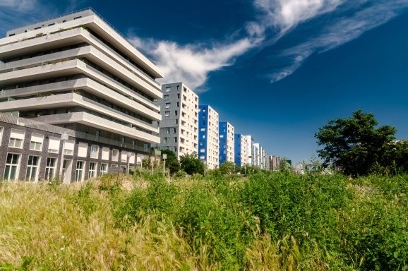 Bâtiments modernes sous un ciel bleu avec des herbes et des arbres au premier plan.